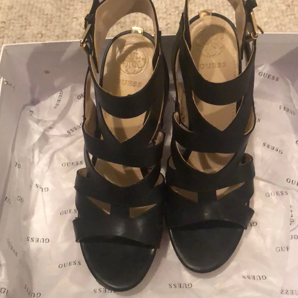 GUESS Black Leather Strappy Cork Wedge Sandals